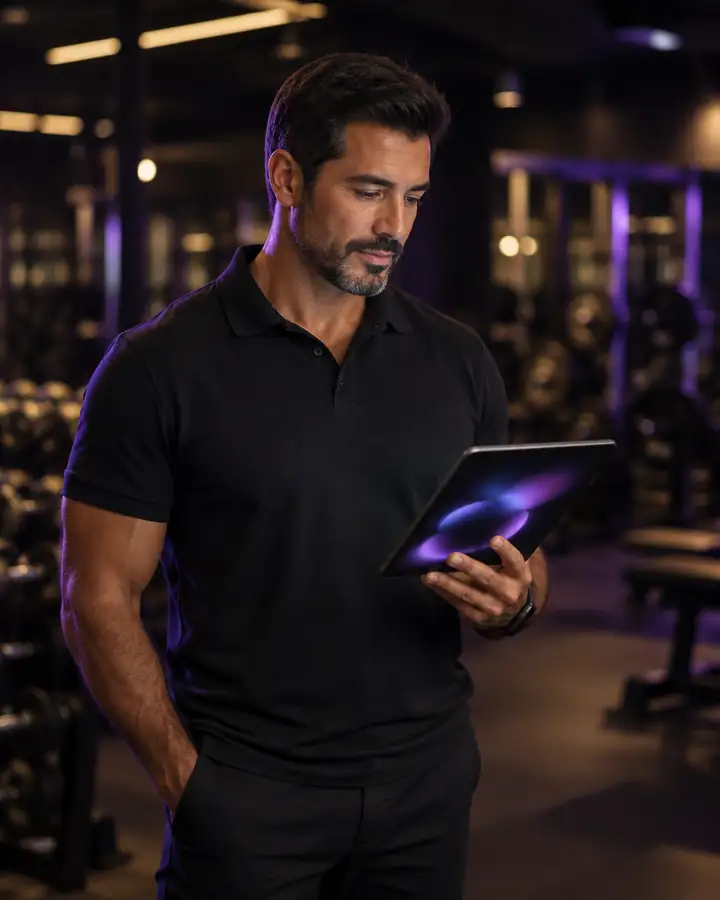 Dono de academia acompanhando o crescimento da operação em um tablet